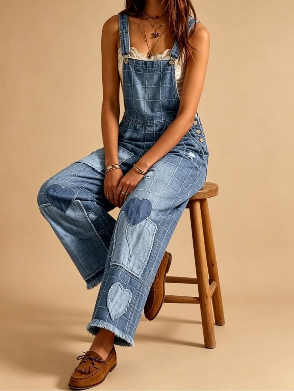 Light Blue Denim Heart Patchwork Wide-Leg Overalls. NWT - Picture 2 of 8